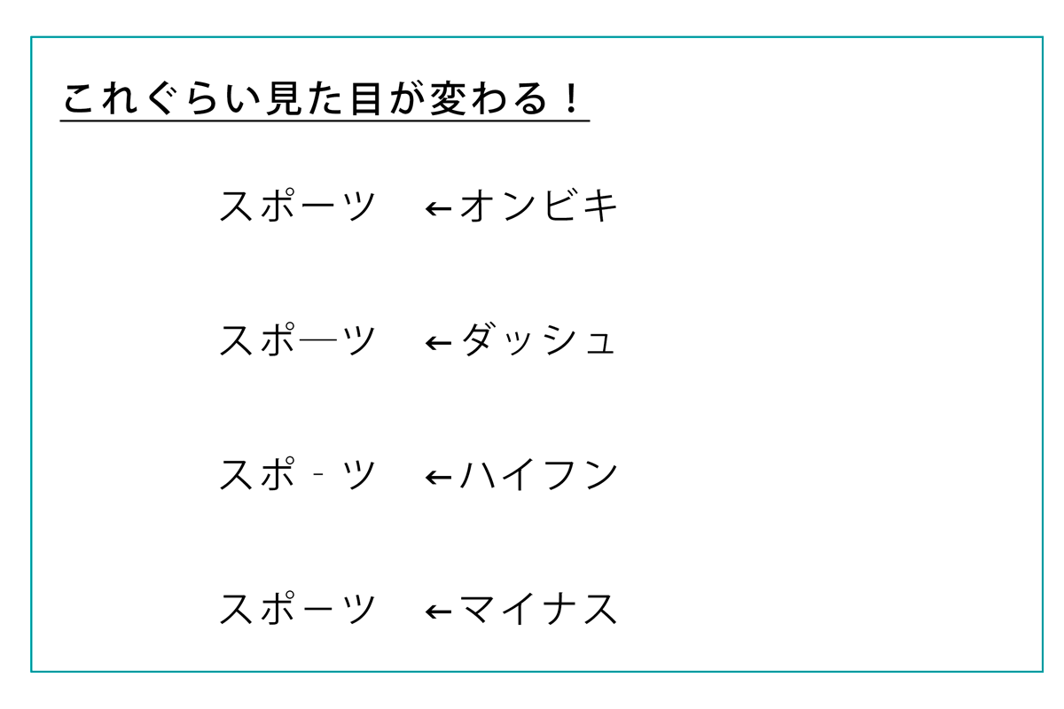「オンビキ」「ダッシュ」「ハイフン」「マイナス」の違いを表した図